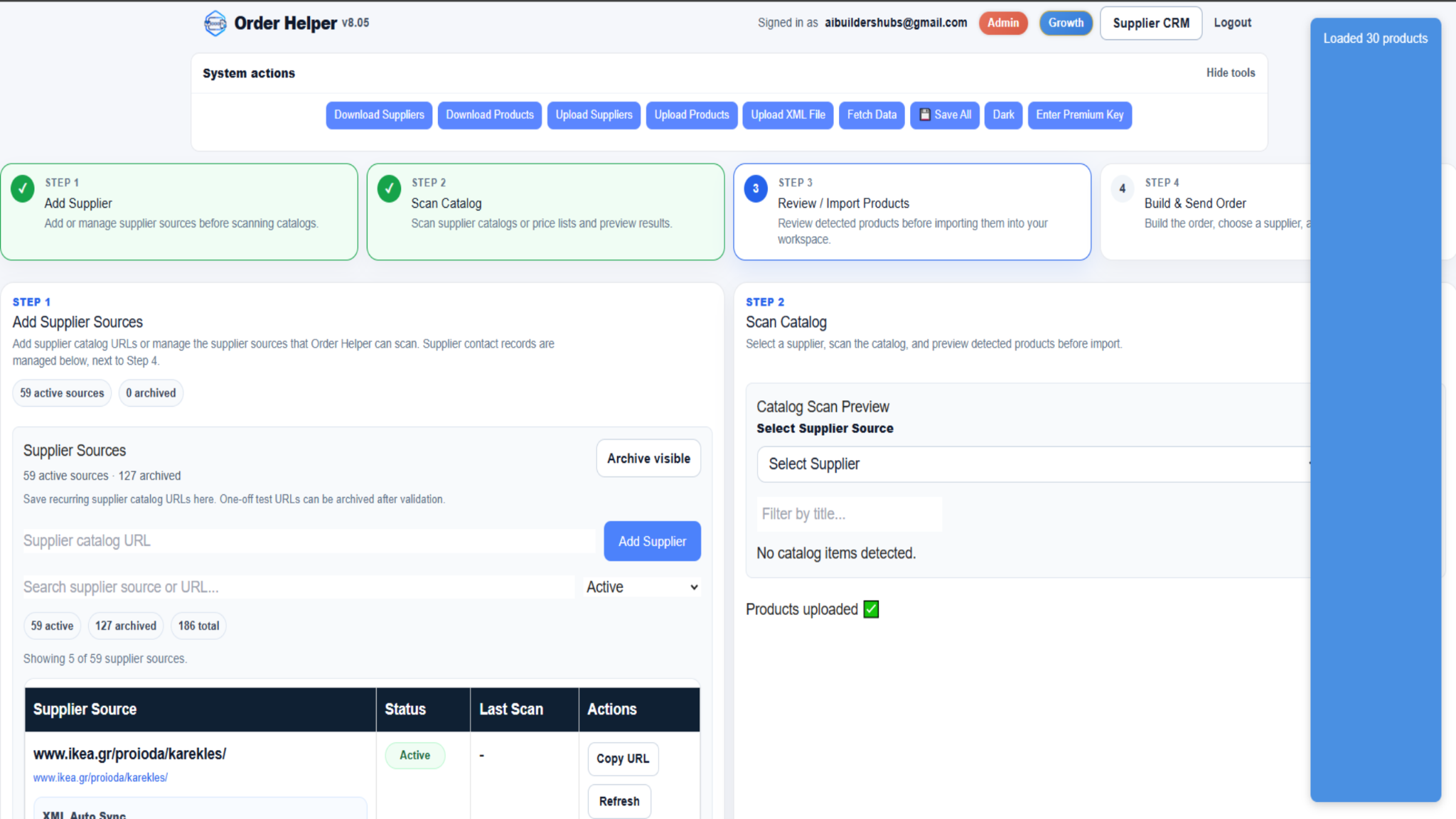 Successful CSV product upload inside Order Helper