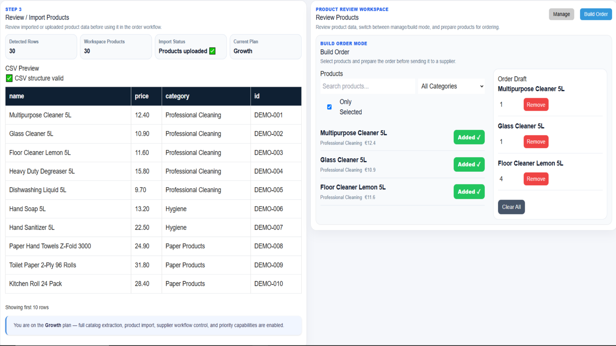 CSV preview and imported products in the Order Helper product workspace